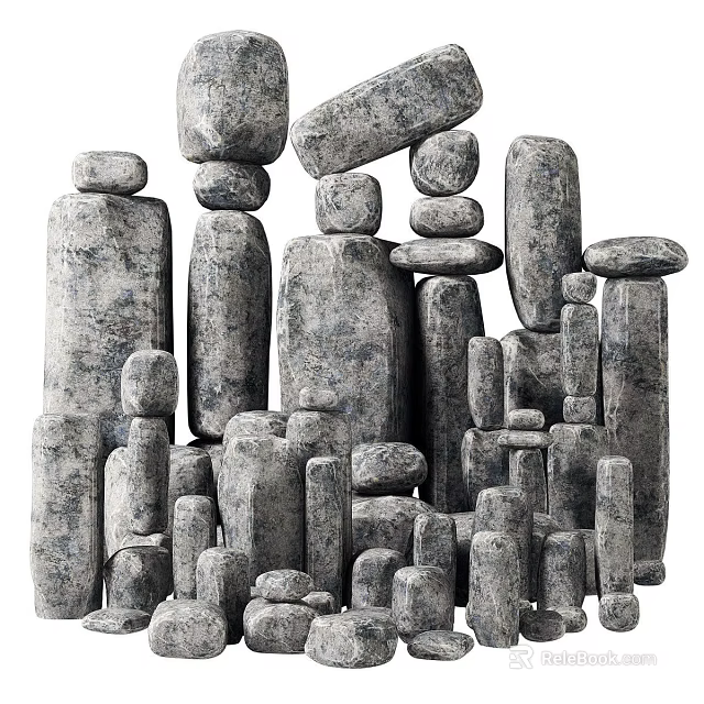 Natural Stone and Wood Sculptures Arranged in Artistic Stacked Formation 3d model 