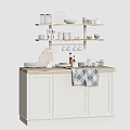 White Kitchen Cabinets Featuring Wooden Countertop And Shelves With Dinnerware And Kitchen Items