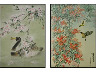 Traditional Chinese Paintings With Duck Cherry Blossoms Bird And Red Flowers 3d model