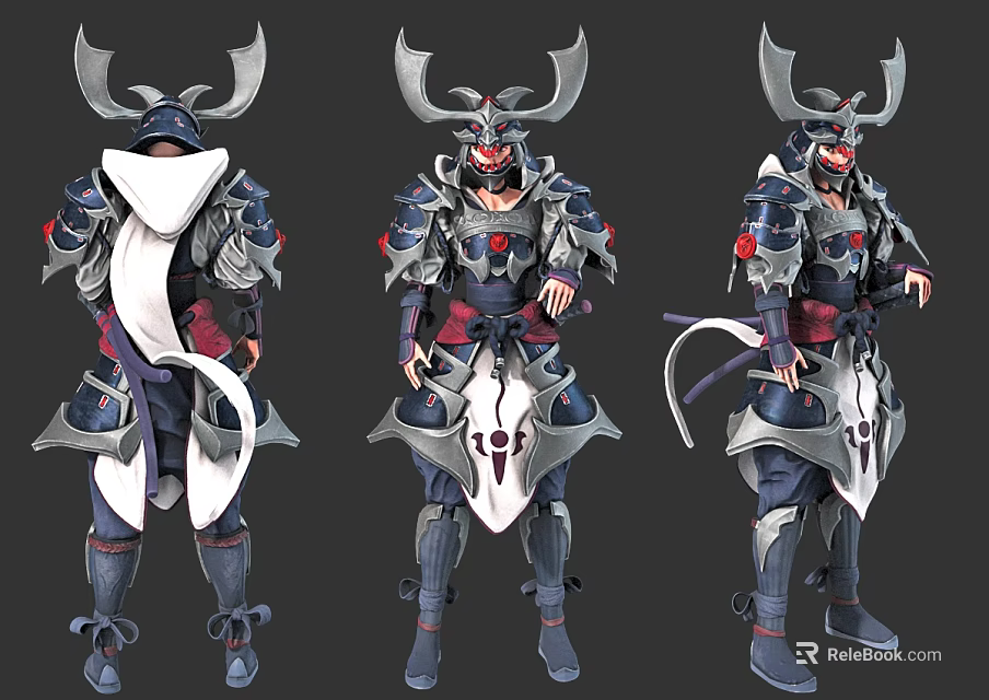 Game and Movie Character in Samurai Armor With Horned Helmet Ornate Metal Design Multiple Angles View 3d model 