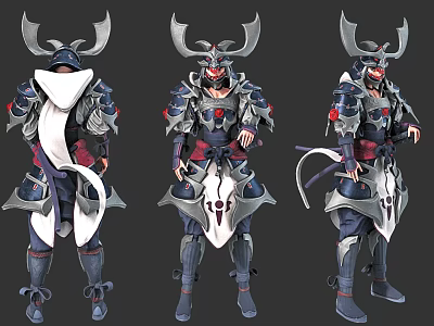 Game and Movie Character in Samurai Armor With Horned Helmet Ornate Metal Design Multiple Angles View 3d model