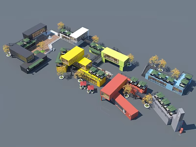 Colorful Container Buildings with Multiple Units Outdoor Seating Trees and Creative Commercial Space 3d model