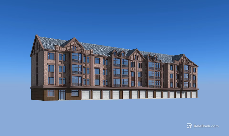 Multi Story Residential Building With Sloped Roof Brown Beige Exterior And Multiple Windows 3d model 