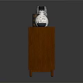 Wooden Console Cabinet With Blue Door Open Shelves Decorative Vases And Small Bowl On Top
