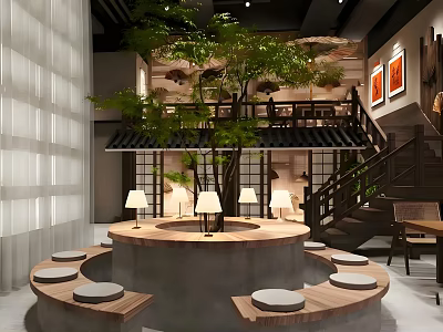 Traditional Japanese Tea House Interior With Circular Stone Platform Tatami Seats Green Tree And Staircase 3d model