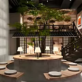 Traditional Japanese Tea House Interior With Circular Stone Platform Tatami Seats Green Tree And Staircase