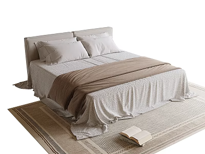 Double Bed With Light Gray Headboard Bedding Brown Blanket Pillows And Rug With Book 3d model