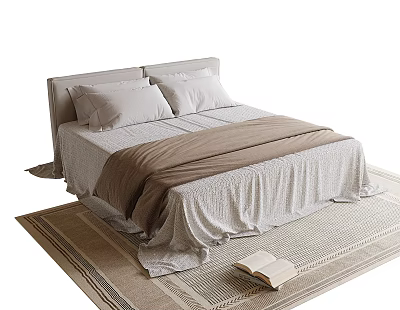 Double Bed With Light Gray Headboard Bedding Brown Blanket Pillows And Rug With Book 3d model