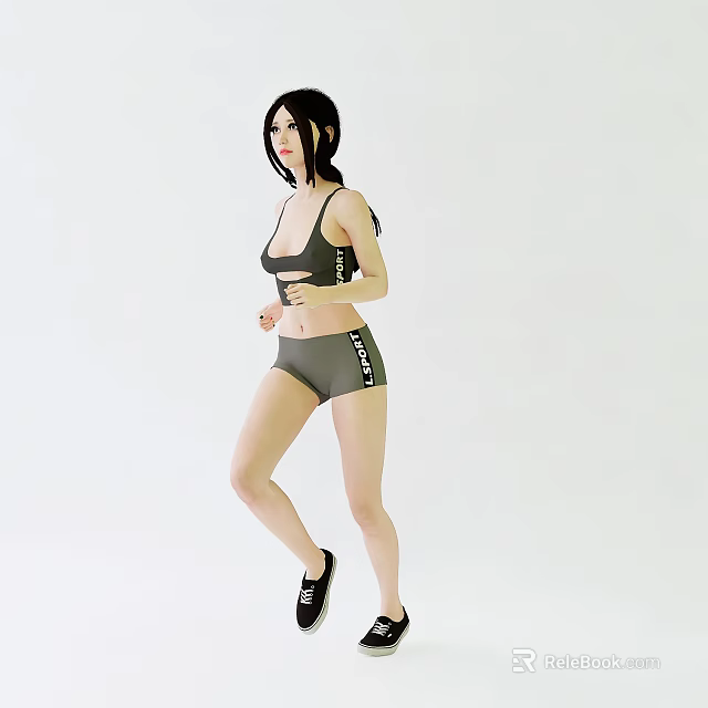 Fit Woman In Gray Sportswear Tank Top And Shorts Exercising With Sneakers 3d model 
