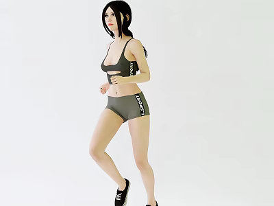 Fit Woman In Gray Sportswear Tank Top And Shorts Exercising With Sneakers 3d model