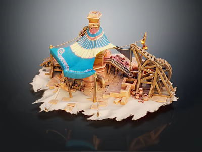 Cartoon Scene With Blue And Yellow Tent Wooden Structure Gear Decorations On White Base 3d model