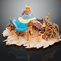Cartoon Scene With Blue And Yellow Tent Wooden Structure Gear Decorations On White Base