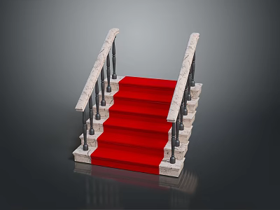 Elegant Staircase With Red Carpet Covered Steps And White Stone Railings 3d model