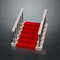Elegant Staircase With Red Carpet Covered Steps And White Stone Railings 3d model