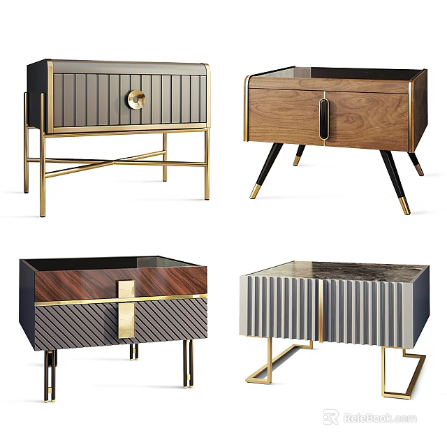 Modern Elegant Nightstands With Wooden Panels Metal Legs And Gold Hardware 3d model 