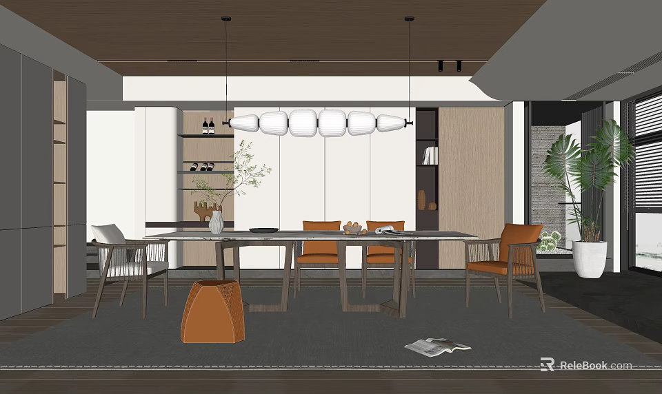 Modern Restaurant Interior With Dining Table Chairs Pendant Lights And Decorative Plant 3d model 