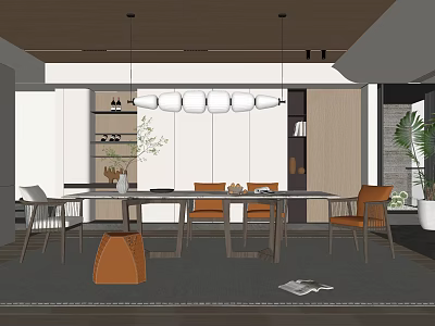 Modern Restaurant Interior With Dining Table Chairs Pendant Lights And Decorative Plant 3d model