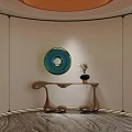 Modern Hotel Lobby Design With Red Curved Ceiling Black Artwork And Marble Floor