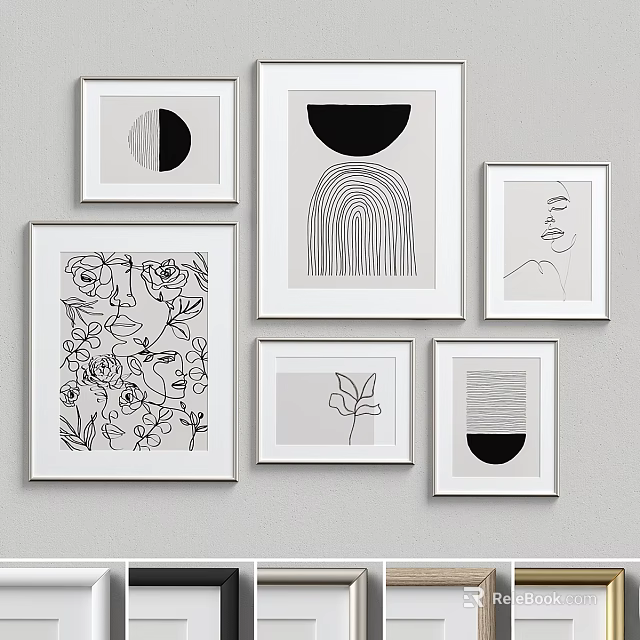 Black White Framed Wall Art Display with Floral Abstract and Line Designs 3d model 