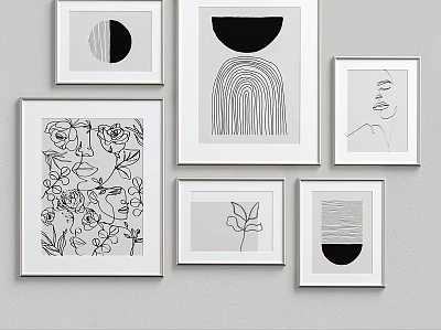 Black White Framed Wall Art Display with Floral Abstract and Line Designs 3d model