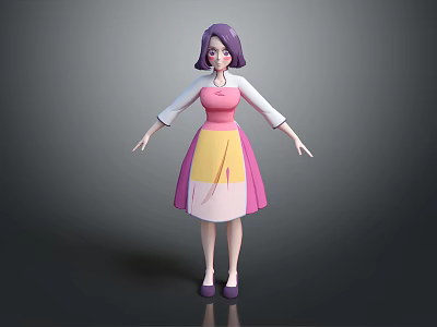 Cartoon Style Female Game Movie Character With Purple Hair Glasses Pink Top Yellow White Skirt 3d model