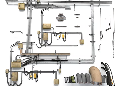 Electronic Electrical Components Layout With Wires Connectors Pipes Parts And Assembly Design 3d model
