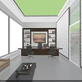 Modern Open Public Office Space With White Desks Green Chairs Bookshelves And Pendant Lights