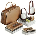 Brown Leather Bag With Stacked Books Table Lamp Coffee Cup And Green Apples