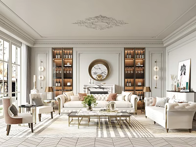 Elegant Modern Living Room Interior Design With Sofa Coffee Table Bookshelves And Decorative Mirror 3d model