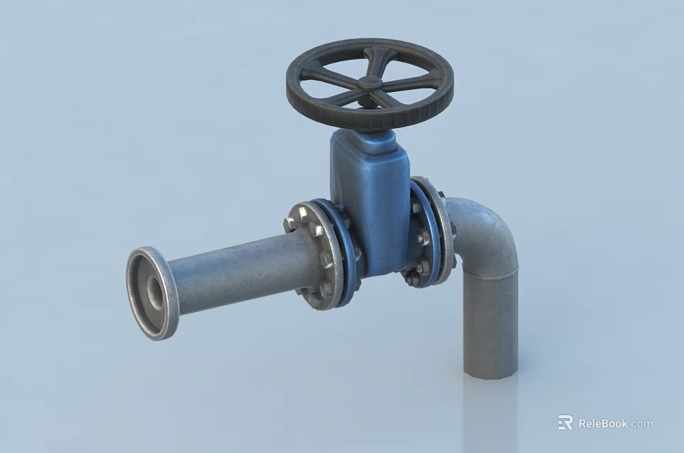 Industrial Metal Valve With Blue Body Black Handwheel And Gray Pipe 3d model 