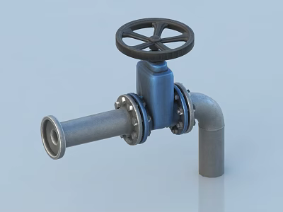 Industrial Metal Valve With Blue Body Black Handwheel And Gray Pipe 3d model