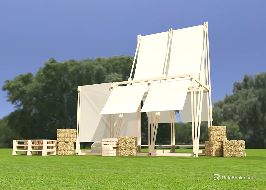 Wooden Pergola With White Canopy Hay Bales And Green Lawn In Outdoor Setting 3d model 
