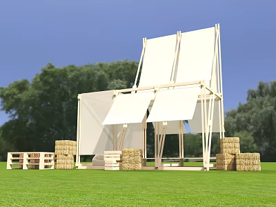 Wooden Pergola With White Canopy Hay Bales And Green Lawn In Outdoor Setting 3d model