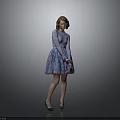 Child Wearing Blue Lace Dress Standing Against Grey Background With Crossed Hands And Green Shoes