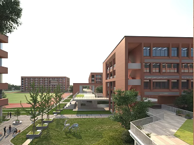 Red Brick Multi Story School Building With Large Windows Green Lawns And Sports Field 3d model