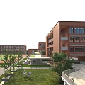 Red Brick Multi Story School Building With Large Windows Green Lawns And Sports Field