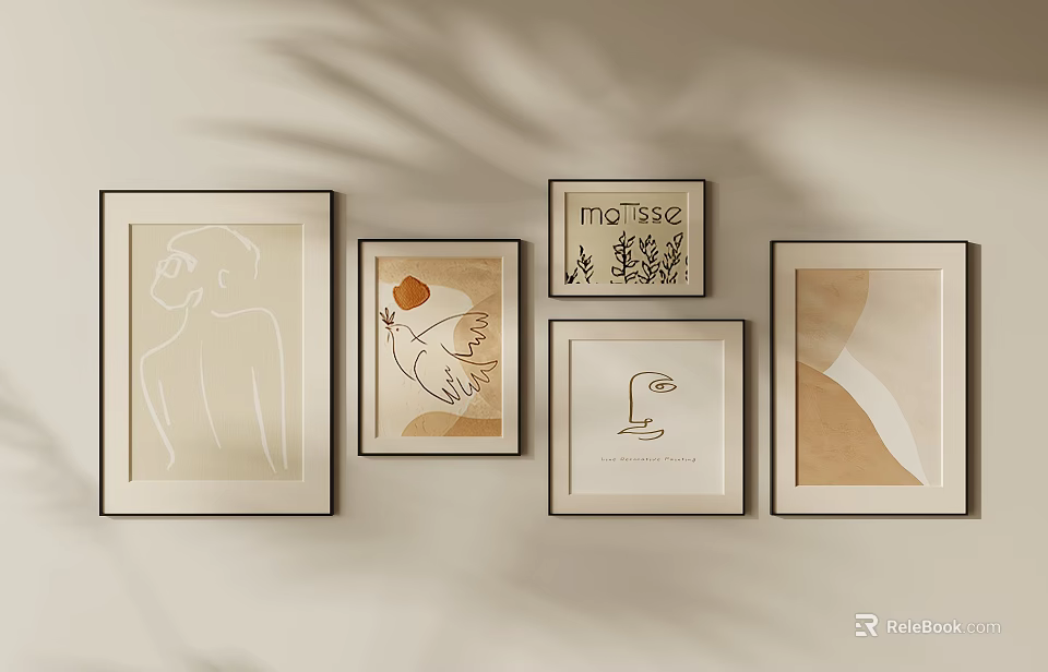 Minimalist Wall Art Decor With Framed Paintings Line Drawing And Abstract Shapes 3d model 