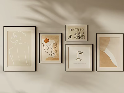Minimalist Wall Art Decor With Framed Paintings Line Drawing And Abstract Shapes 3d model
