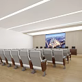Modern Conference Room With Long Wooden Table Black Leather Chairs White Walls And Large Cityscape Screen