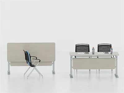 Modern Conference Table With Black Chairs Water Bottles And Beige Partition 3d model