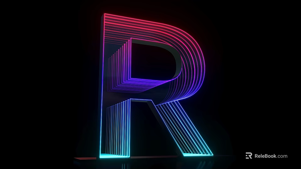 3D Typography Letter R Design With Neon Glowing Lights And Colorful Stripes On Black Background 3d model 