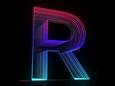 3D Typography Letter R Design With Neon Glowing Lights And Colorful Stripes On Black Background 3d model