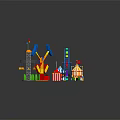 Colorful Amusement Park Rides With Ferris Wheel Carousel Tent Trees Path And River