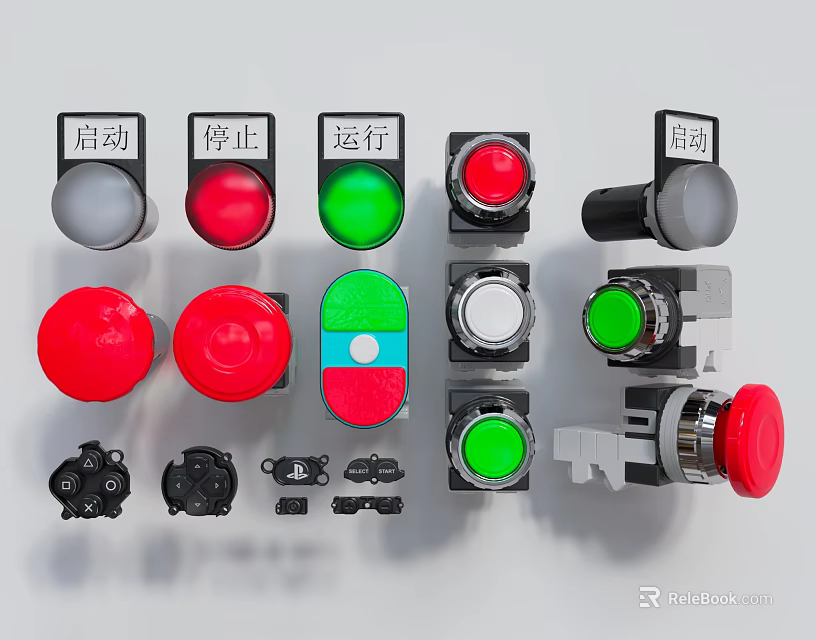 Industrial Control Switch Panel with Red Green Gray Buttons Start Stop Run Labels 3d model 