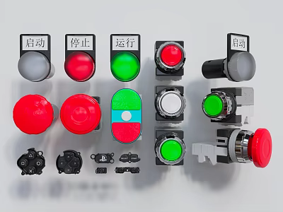 Industrial Control Switch Panel with Red Green Gray Buttons Start Stop Run Labels 3d model