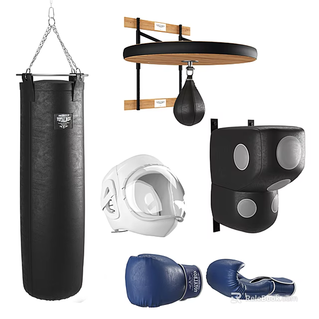 Essential Boxing Training Sports Equipment Including Punching Bag Speed Bag Helmet Knee Pads And Gloves 3d model 