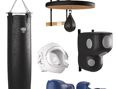 Essential Boxing Training Sports Equipment Including Punching Bag Speed Bag Helmet Knee Pads And Gloves 3d model