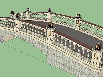 Classical Landscape Bridge With Stone Piers Ornate Railing And Decorative Lanterns 3d model