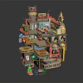Detailed Multi Level Building Model With Cat Shaped Roof Workshop Shop Furniture And Decorative Pipes