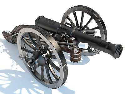 Ancient Historical Cannon Weapon With Large Wheels And Black Metal Body 3d model